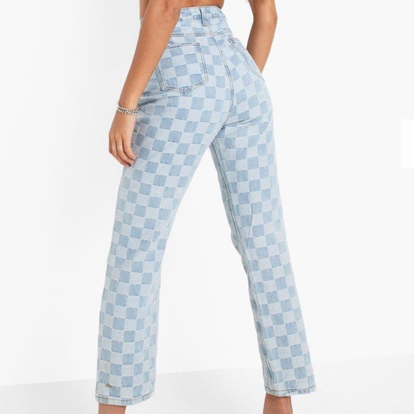 Boohoo Tessa Brooks Check Denim Slim Straight Jean - Picture 4 of 4